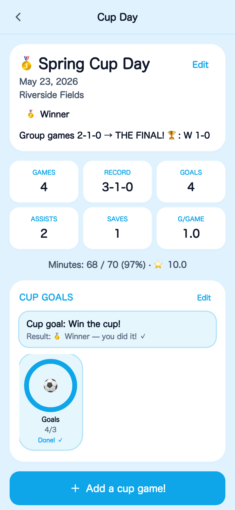 Cup Day tournament view in Soccer Stats with several games in one day