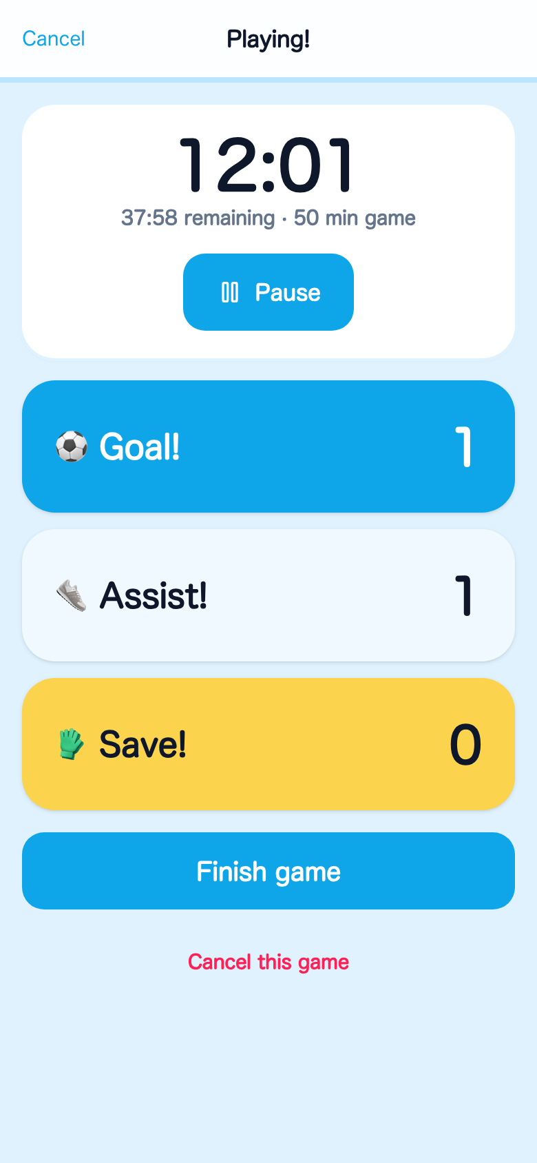 Kid Mode match logging screen in the Soccer Stats app