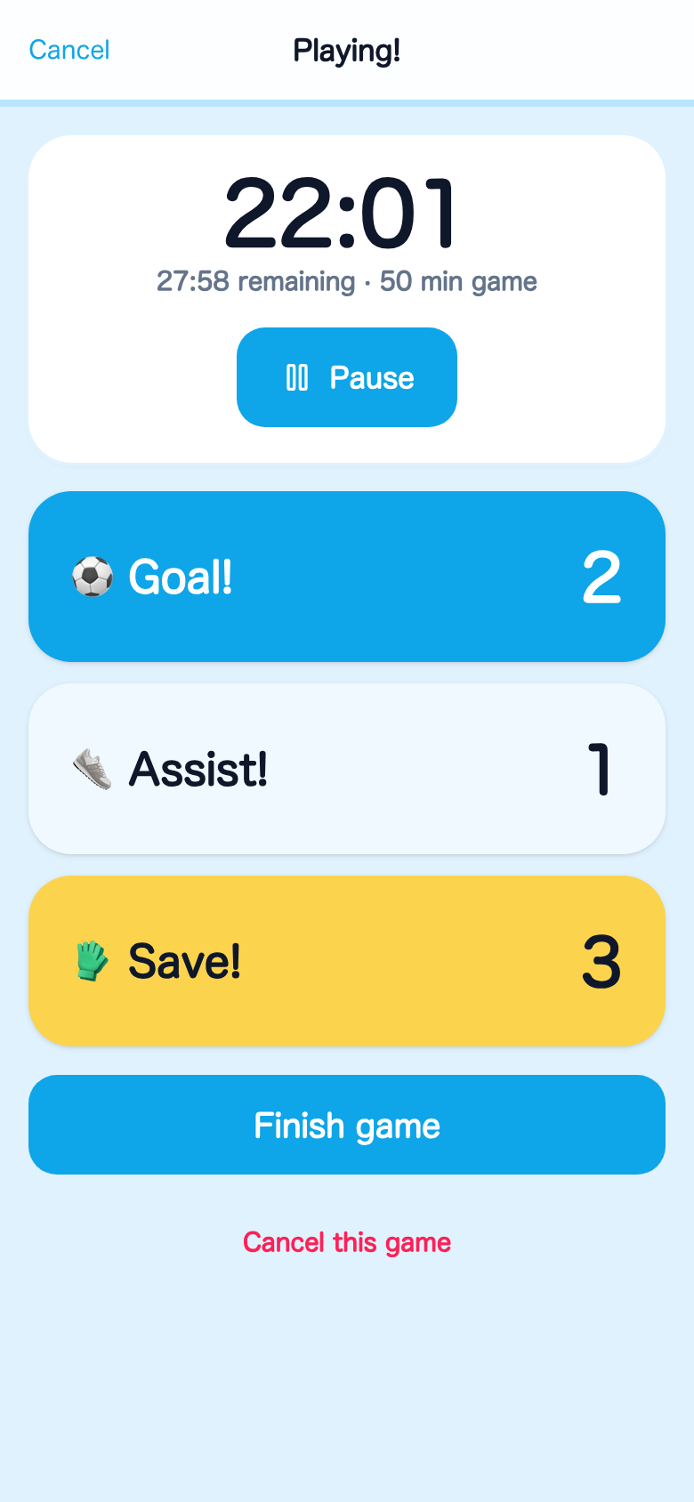 Live match screen in Soccer Stats logging goals, assists, and minutes during a game