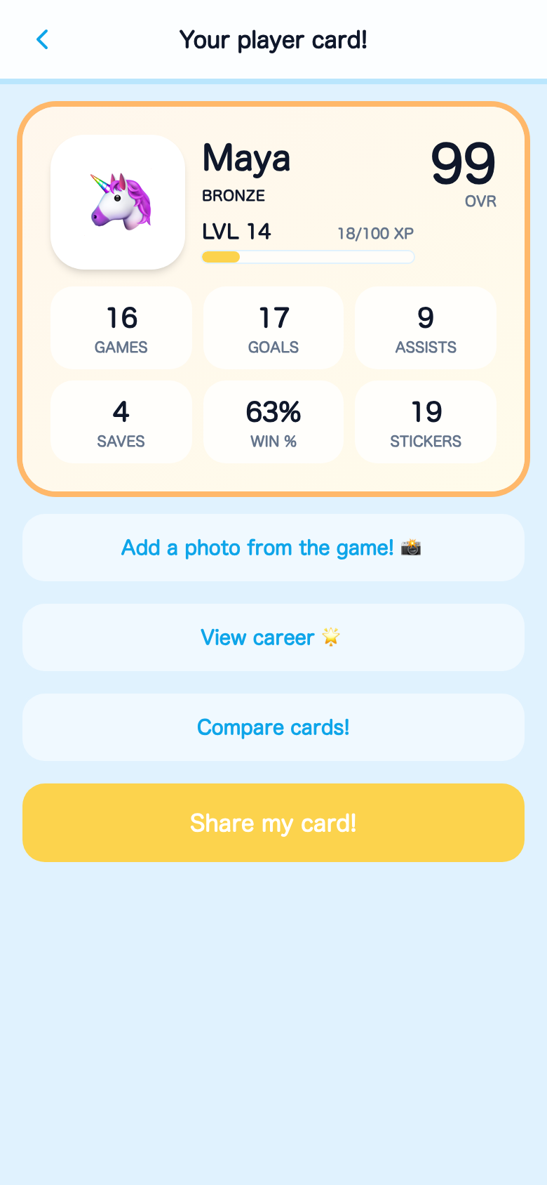 Player card in Soccer Stats showing season stats and level